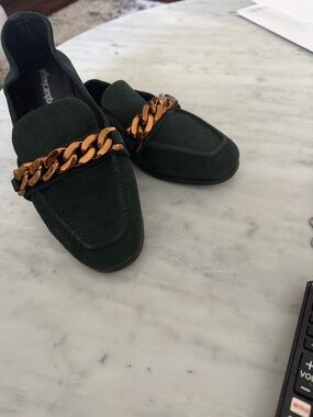 Jeffrey Campbell Dark Green Suede Loafers with Gold Chain